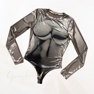 Like A Glove Long Sleeve Metallic Bodysuit - Silver